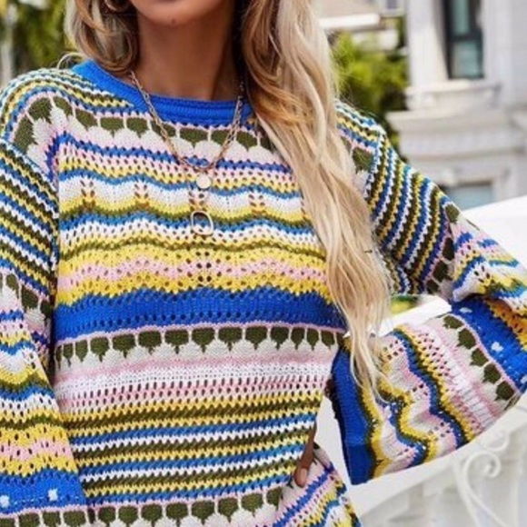 NEW Blue Colorful loose knit cozy bell sleeve sweater - Picture 1 of 8